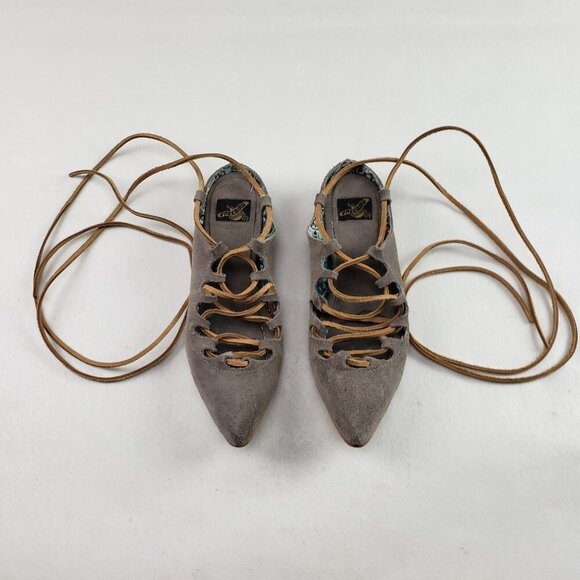 Freebird Enya Lace Up Flat Women 9 Beige Leather Boho Ankle Tie Pointed Toe Shoe - Picture 4 of 15